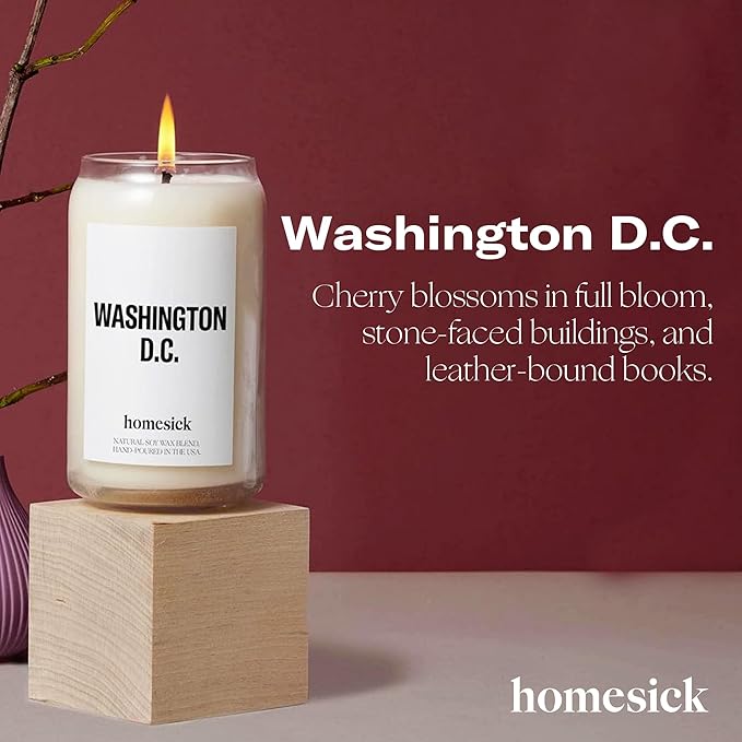 Homesick Scented Candles for Home (Washington D.C.) - 13.75 oz Long-Lasting Soy Wax Jar Candle for Women & Men for All Occasions, 60-80 Hours Burn Time - Notes of Cherry Blossom & Moss