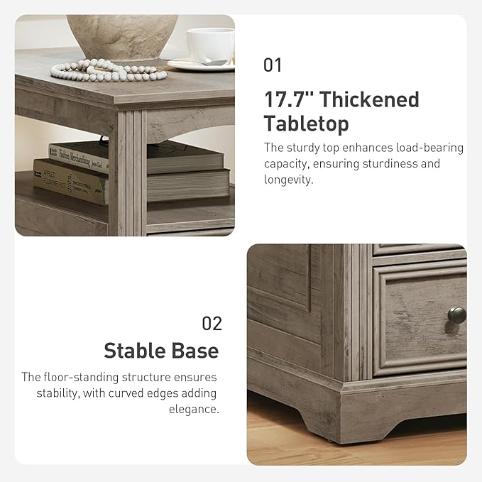 Farmhouse End Table Set of 2, Narrow Sofa Side Table with 2 Drawers and Open Shelf, Wooden Nightstand with Storage for Small Spaces, Bedroom, Living Room, Greige
