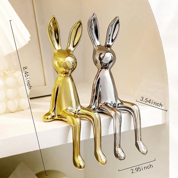 2-Piece Rabbit Decor Sculptures - Home, Office, Living Room, Bedroom - Accents, Decorations, Figurines - Small Statues for Bookshelf, Desk - Ideal Gifts (Gold, Silver)