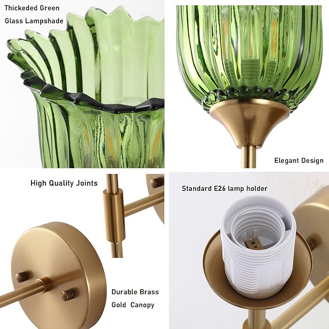 Gold Wall Sconce Set of 2 with Green Glass Shades Modern Mid Century Bathroom Vanity Wall Light Fixtures Industrial Brushed Brass Wall Lamp for Bedroom Mirror Living Room Restaurant