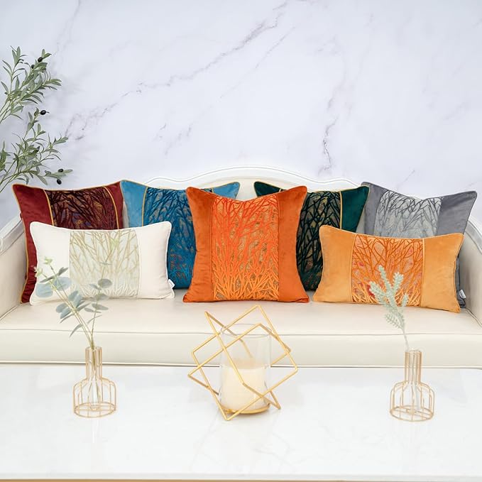 Yangest Beige Twigs Throw Pillow Cover Velvet Branches Velvet Cushion Case Neutral Pillowcase for Sofa Couch Bedroom Living Room Home Decor,20x20 Inch