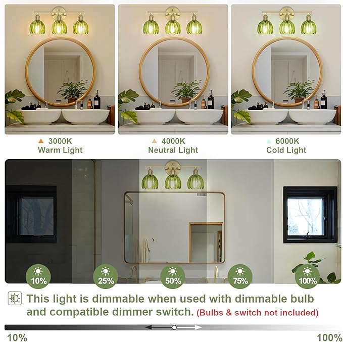Vintage Bathroom Light Fixtures,3-Light Hardwired Vanity Lights Over Mirror,Gold Wall Sconces with Green Tulip Glass Shade for Bathroom Living Room,E26 Socket(Bulbs Not Included)