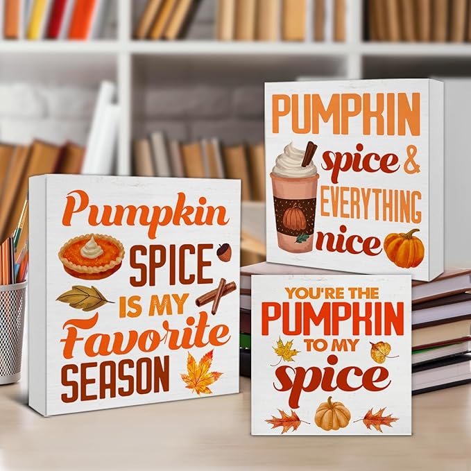 3 Pcs Fall Wood Signs Decor Pumpkin Spice Wood Block Signs Farmhouse Autumn Pumpkin Spice Wooden Box Signs Home Decorations for Kitchen Tiered Tray Desk Table Shelf