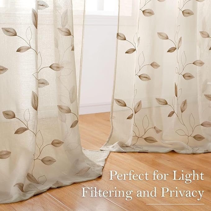 HOMEIDEAS Taupe Sheer Curtains 52 X 63 Inches Length 2 Panels Beige Embroidered Leaf Pattern Pocket Faux Linen Floral Semi Sheer Voile Window Curtains/Drapes for Bedroom Living Room