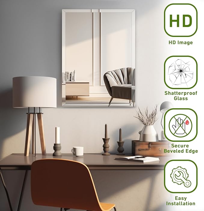 FARMER Rectangle Frameless Mirror, 16x24 inch Rectangle Mirror with 1" Beveled Edge, Beveled Bathroom Mirror for Wall, Vanity, Bedroom, Living Room