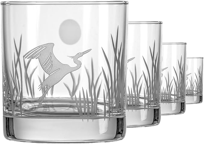 Rolf Glass Heron On the Rocks Glass | Set of 4 Etched 11oz Whiskey Glasses | Made in America | Coastal Bird Design | Diamond-Wheel Engraved and Sand Etched