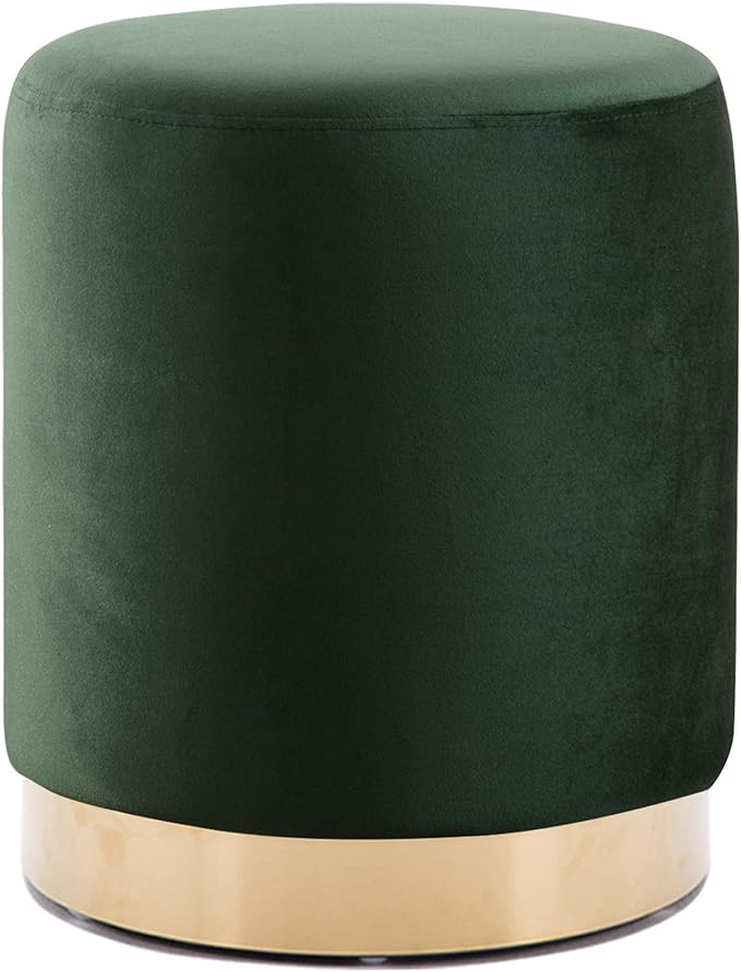 DAGONHIL Modern Round Velvet Ottoman,Upholstered Make-up Short Foot Stools with Gold Plating Base,Pack of 1,Green