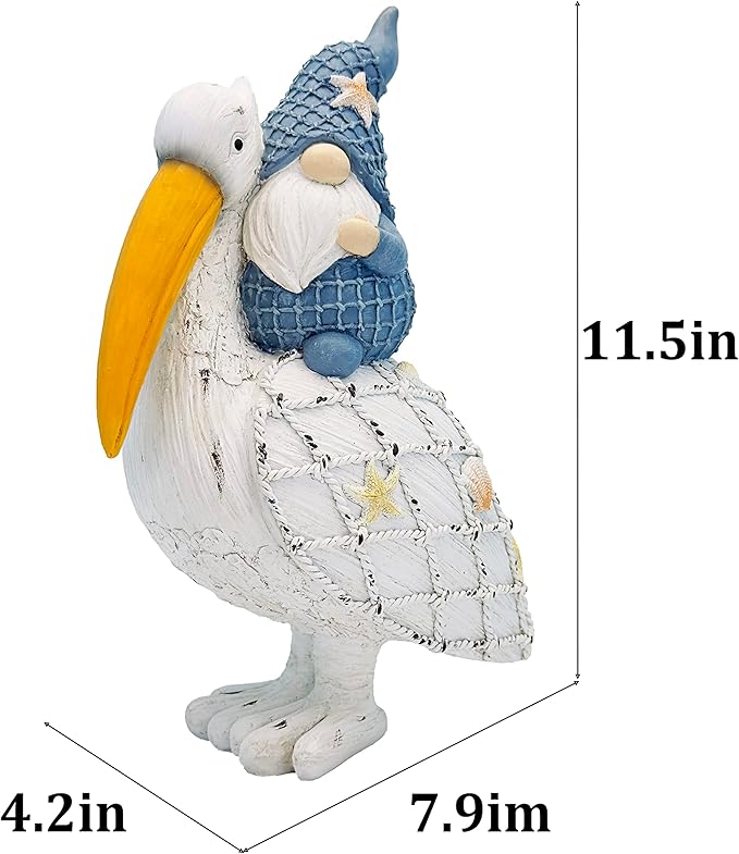 11.5in Pelican Gnome Figurine Decor, Resin Beach Coastal Statue for Home Table, Summer Theme Pool Garden Yard Ornaments Outdoor Gifts