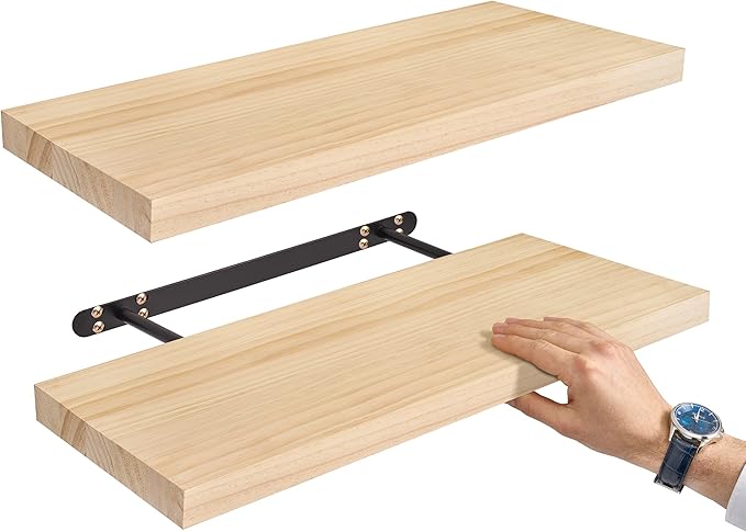 Sorbus Wood Floating Shelves for Wall - 24” Solid Wood Shelves for Bathroom Decor, Books, Bedroom & Living Room - Set of 2 Natural Wall Mounted Kitchen Shelves - Durable Solid Pine