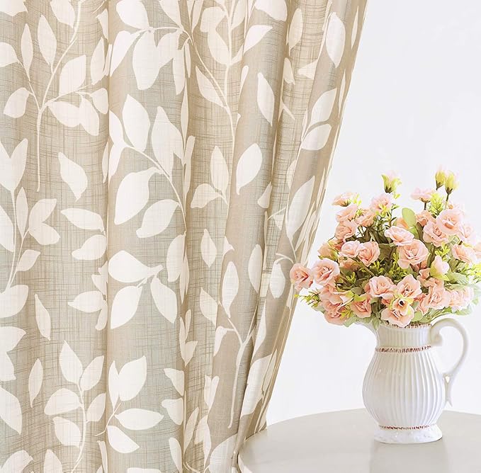 Taupe White Leaf Sheer Curtains for Living Room 84 inch Length Sliding Door Curtains Khaki Print Glass Door Window Draperies Extra Wide Light Filtering Linen Textured Sheer Curtain Panels 100” w 1pcs