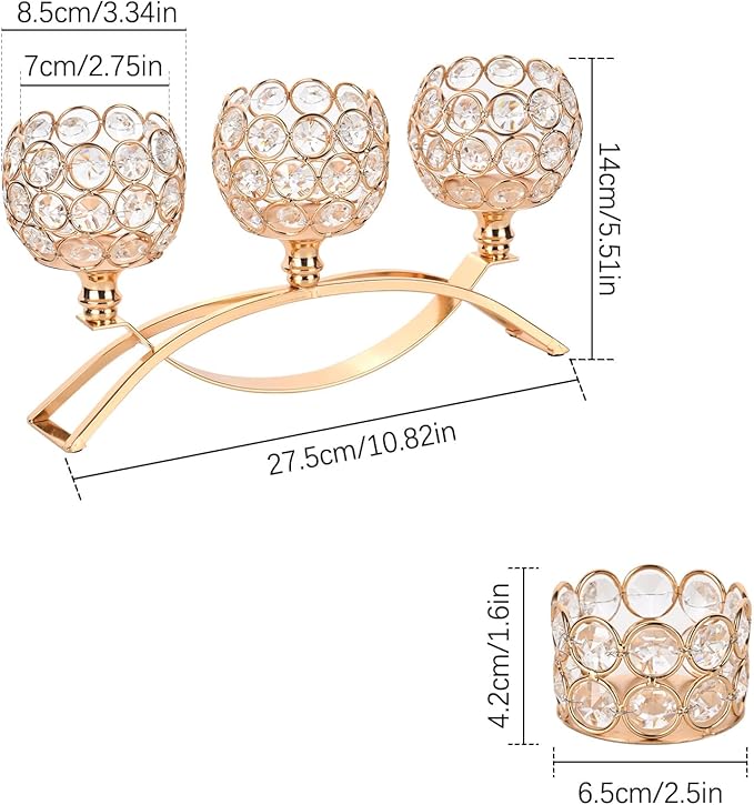 VINCIGANT Gold Crystal Candle Holders Decorative Candelabra 3 Arms with 6Pcs Tea Light Candle Holders for Wedding,Anniversary Center Pieces,Dinner Party Table Decor Candles Centro de mesa para boda