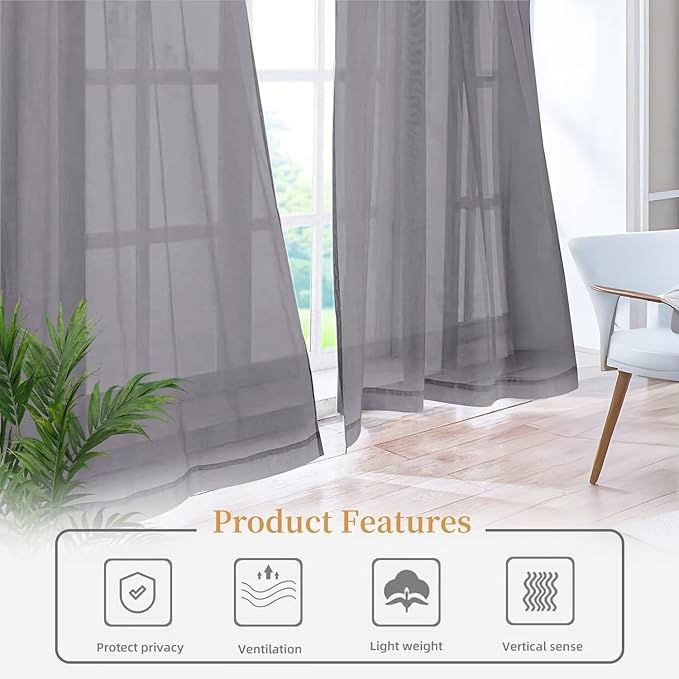 Sheer Curtains 72 Inches Long 2 Panels, Rod Pocket Short Curtain for Kitchen, Bedroom, Cafe Window(Grey 38" W x 72" L)