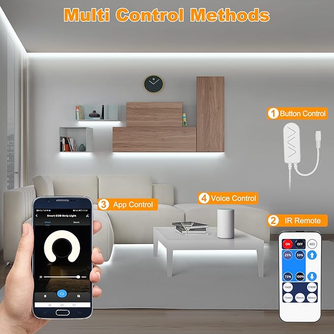 Smart White COB Led Strip Light with App and Remote, 32.8ft 6500K WiFi Bright COB Light Strip Work with Alexa Google, Dimmable Indoor COB Strip Lights for Room, Cabinet, 2 Rolls of 16.4ft