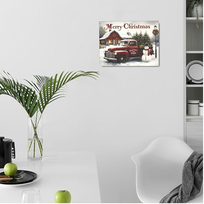Christmas Pick-Up Truck Wall Art Christmas Tree Canvas Wall Decor Farm Barn Pictures Paintings Prints Snowman Artwork Framed Winter Holidays Decorations For Bathroom Bedroom Living Room Office Gifts 16" x 12"