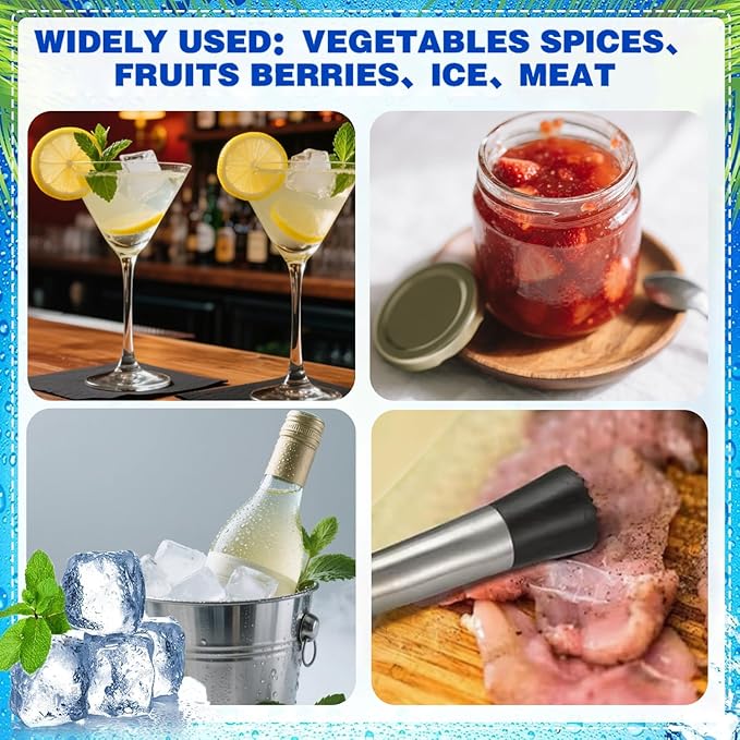 Muddler for Cocktails,10" Bar Spoon & Ice Tongs with Serrated Tip, 3Pcs Stainless Steel Bar Tools Set for Mojitos, Lemonade, Fruit Drinks, Home Party Bar Accessories