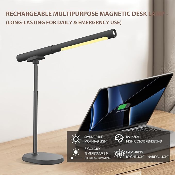 LED Desk Lamp with USB Ports. Eye-Caring 3 Color Temperature Stepless Dimming Night Light for Reading, Workbench. 4-in-1 Multi-Function Magnetic Detachable Desk Lamp with SOS Mode for Outdoor Camping.