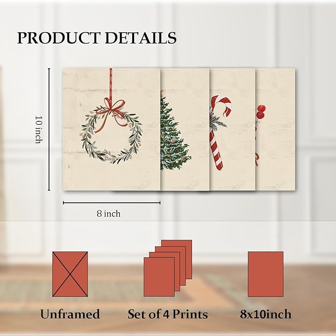 TFKFJLF Vintage Christmas Tree Wall Art Poster Decor, Candy Cane Painting Pictures Decor Wall Art, Rustic Christmas Decorations for Bedroom Bathroom Living Room Office, Unframed 8x10in Set of 4