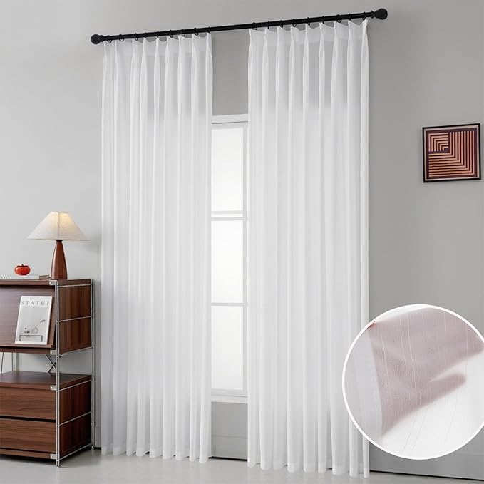 Pinch Pleated Sheer Curtains 108 Inches Long for Living Room Bedroom 1 Panel Light Filtering Pinch Pleat White Semi Sheer Curtains & Drapes for Sliding Glass Door, with Textured, W52 x L108