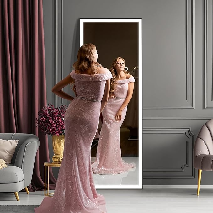 Kosmonia 66x24 Full Length Mirror, Dimmable 3 Color LED Light w/Light Memory, Distortion Free Silver Coating Mirror, HD Reflection &Anti Desilvering,Tempered Glass &Shatter Proof Film Doubles Safety