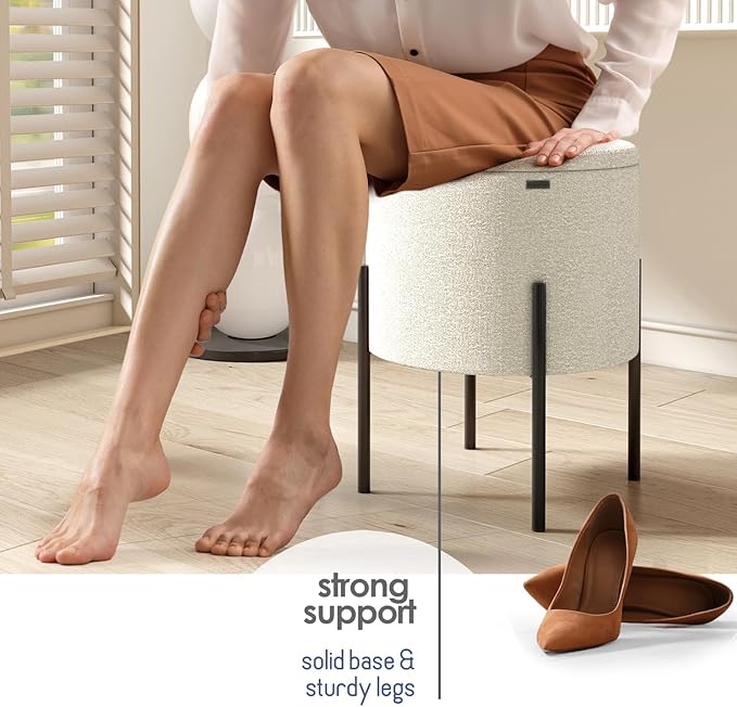 STORAGEBUD Round Ottoman with Storage, Boucle Storage Foot Stool, Makeup Vanity Stool, Small Ottoman Foot Rest, Modern Ottomans for Living Room and Bedroom, White