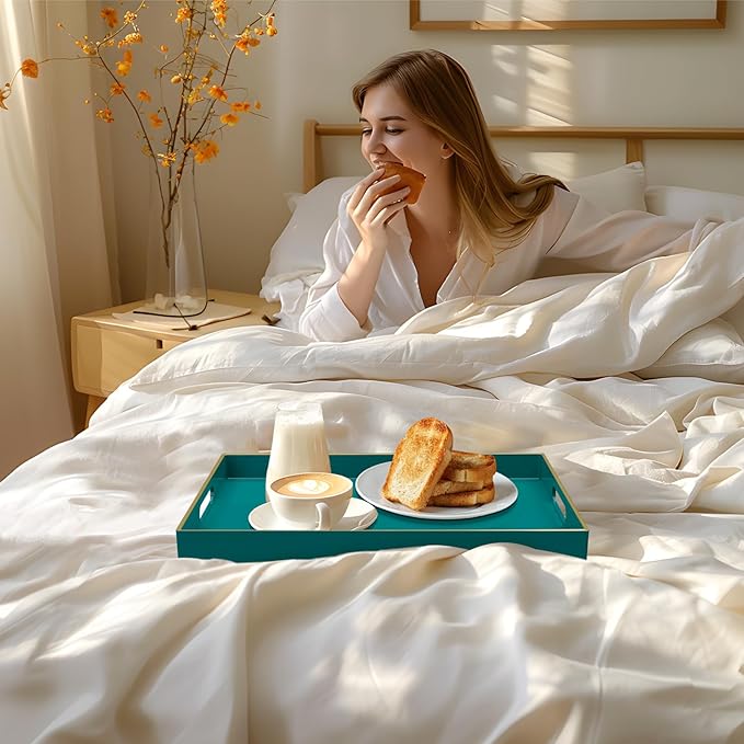 MAONAME Green Serving Tray with Handles, Rectangular Decorative Tray, Modern Coffee Table Trays, Plastic Ottoman Trays for Bathroom, Decor, 15.7” x 11.8” x 1.57"