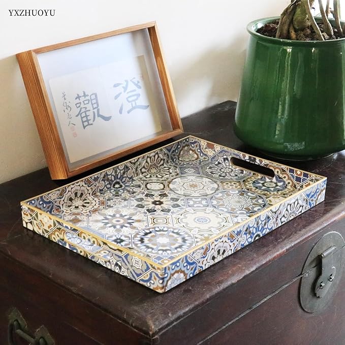 Boho Sturdy Acrylic Serving Tray with Handles-15.7x11.8Inch, Morden Plastic Rectangular Serving Tray for Coffee Table Bathroom, Ottoman, Home Decor