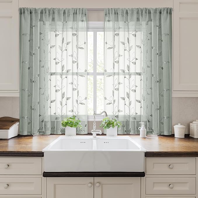 HOMEIDEAS Sage Green Sheer Kitchen Curtains 52 x 45 Inch Length 2 Panels Embroidered Leaf Pattern Short Curtains for Bedroom Half Small Window Rod Pocket Tiers
