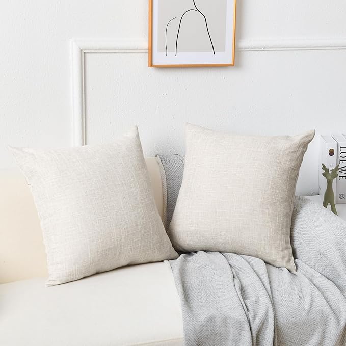 JIUZHEN Natural Beige 20x20 Inch Faux Linen Pillow Covers Set of 2, Neutral Farmhouse Cushion Covers for Sofa Bed, Washed Textured Zippered Pillowcase