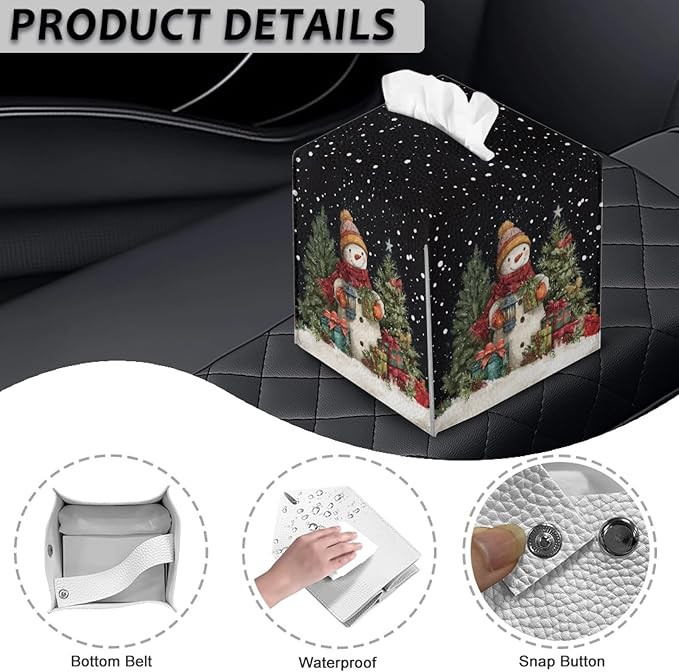 Christmas Tissue Box Cover Holder Square Facial Tissue Case Facial Paper Organizer Dispenser for Bathroom Bedroom Living Room Office Snowman PU Leather Napkin Boxes Covers