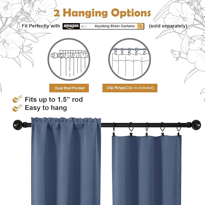 Aiyufeng Denim Blue Short Blackout Curtains for Bedroom 45 Inches Long 2 Panels Set, Solid Thermal Insulated, Energy Saving Window Treatment Curtains Blackout Drapes, W40 x L45 Inch, Denim Blue