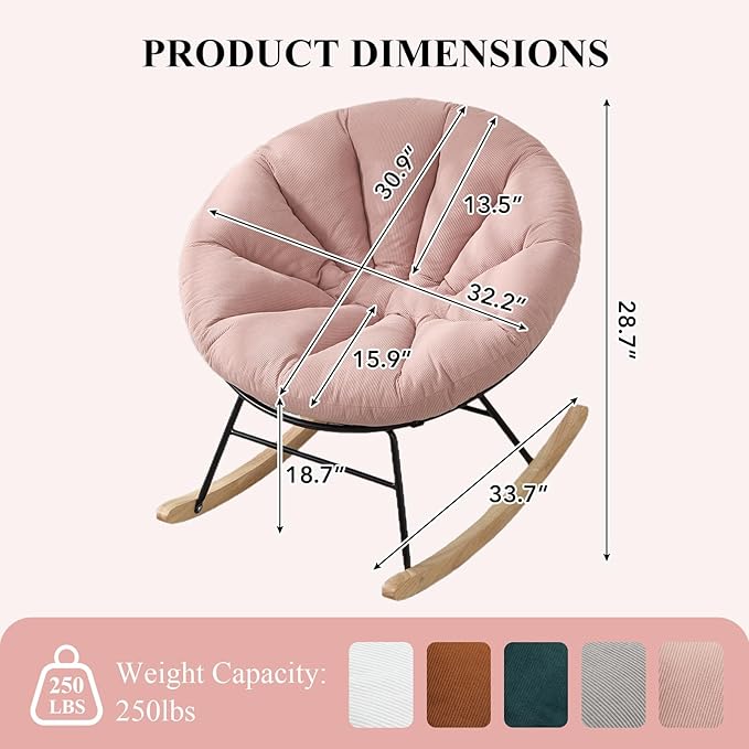 NIOIIKIT Nursery Saucer Rocking Chair, Corduroy Upholstered Round Glider Chair, Nursing Chair with Comfy Cushion, Tufted Papasan Chair, Cozy Reading Chair for Living Room, Bedroom (Pink)