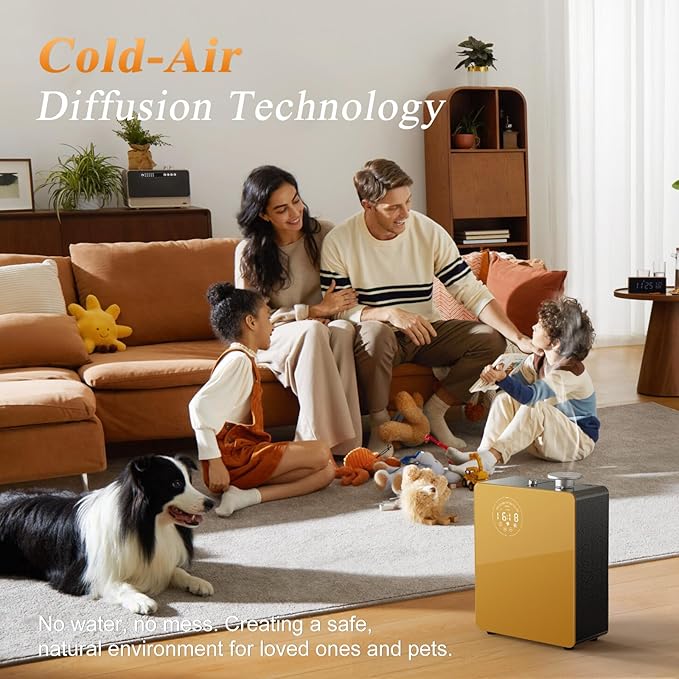 Smart Waterless Diffuser - Scent Air Machine for Home & Commercial Use, Covers 3000 sq. ft., Nebulizing HVAC or Portable Large Room Waterless Diffusers, Touch & Bluetooth Control, Metal, Golden