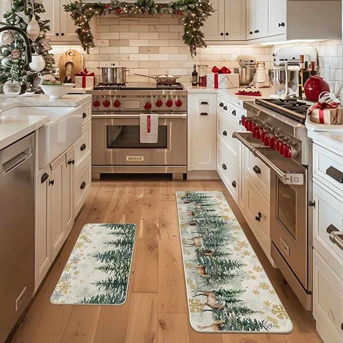Artoid Mode Xmas Trees Deer Snowflakes Christmas Kitchen Mats Set of 2, Winter Home Decor Low-Profile Kitchen Rugs for Floor - 17x29 and 17x59 Inch