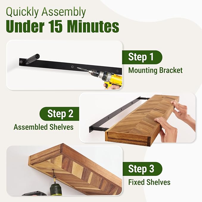 24" Acacia Chevron Floating Shelves Set of 2 - Wall Mounted Wooden Shelf for Stylish Home Dรฉcor - Natural Color - 24x6.7x1.5 Inches