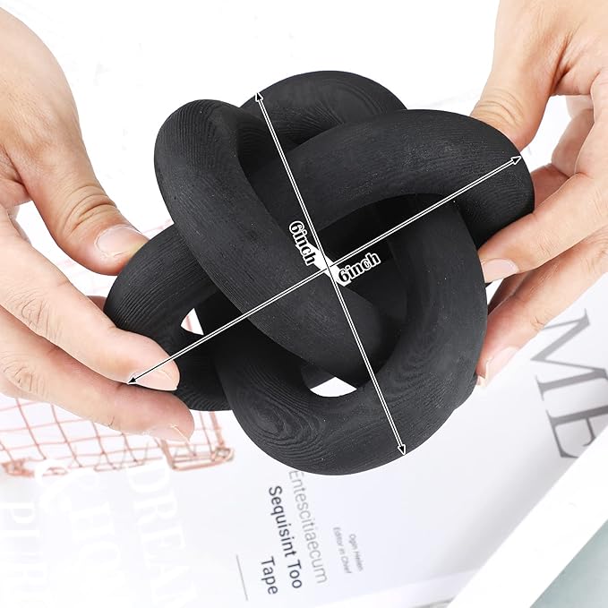 3 Link Wood Knot Decor - Hand Carved Coffee Table Decoration, Boho Chain Link Decor, Modern Shelf, Rustic Objects for Home Living Room Bedroom(Black)