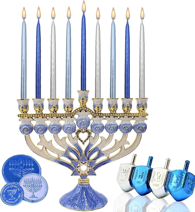 The Dreidel Company 45 Metallic Hanukkah Candles Frosted Premium Tapered Hand Decorated Chanuka Candles (Metallic Blue & Silver) (2-Pack)