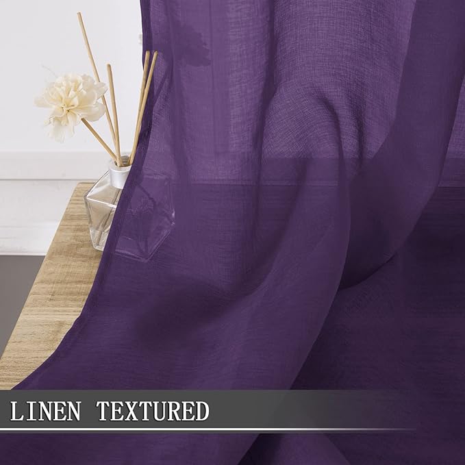 Tollpiz Sheer Tier Curtain Linen Textured Half Kitchen Curtains Sheer Light Filtering Rod Pocket Voile Small Curtains for Bathroom, 25 x 36 inches Long, Royal Purple, Set of 2 Panels