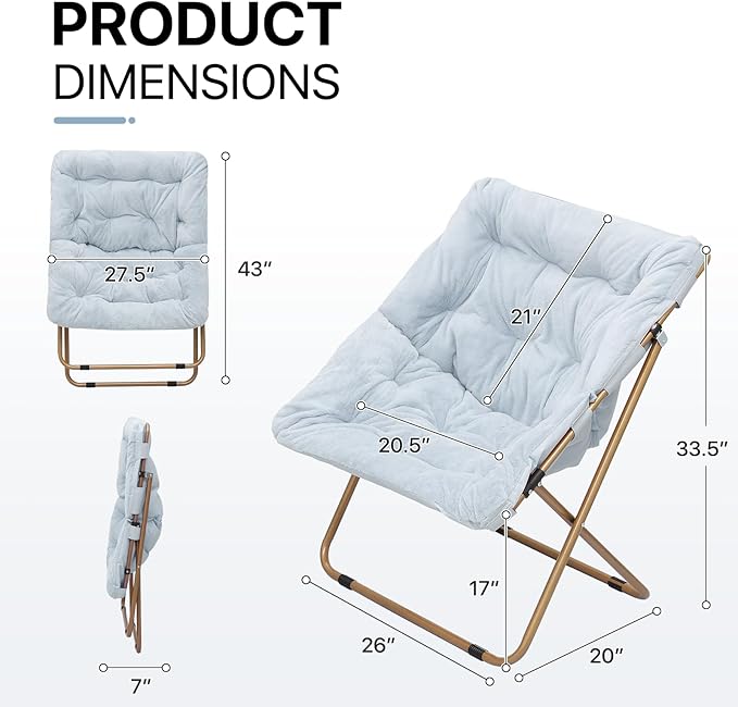 Athena Collection Saucer Chair for Adult, Square Comfy Cozy Chair Folding Chair Faux Fur Metal Frame Foldable Reading Chair Accent Chair for Bed Room Living Room Set of 2, Blue