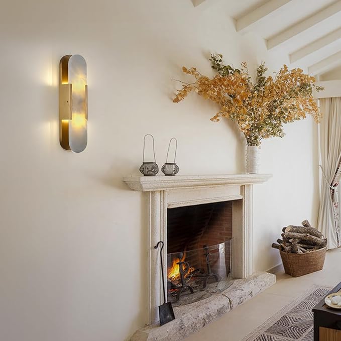 19.7in Brass Alabaster Wall Sconces, Natural Marble Wall Sconces Set of Two Indoor Alabaster Sconces for Living Room Modern Alabaster Sconces Wall Lighting for Dining Room Stairs Bedroom