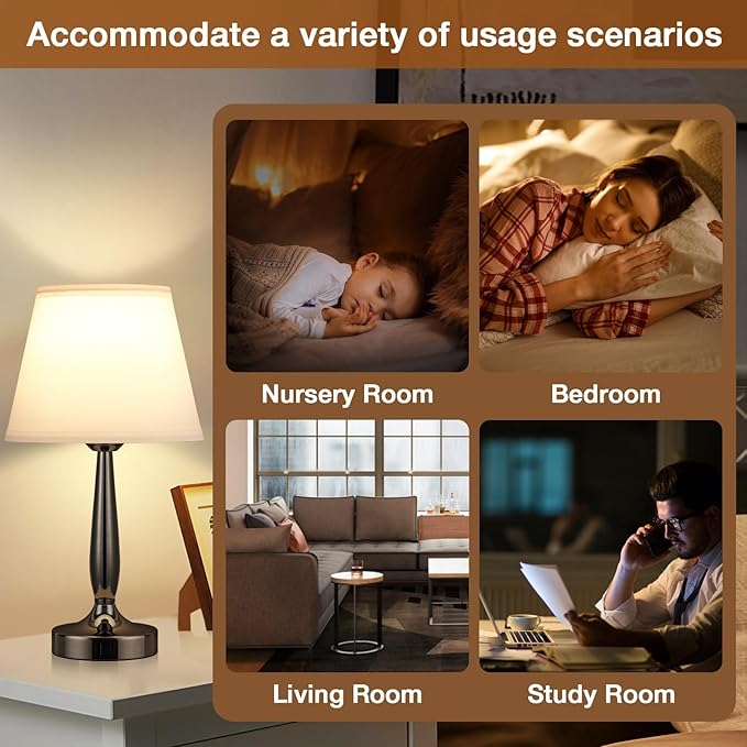 Kakanuo Touch Bedside Lamps for Bedroom Set, Small Touch Table Lamps with 2 USB Charging Ports, 3 Way Dimmable Nightstand Lamps with USB C Port - White (LED Bulb Included)