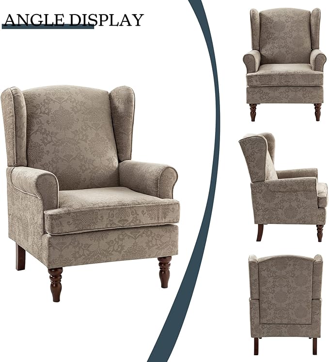 HULALA HOME Wingback Accent Chair with Retro Wood Legs, Traditional Fabric Armchair for Living Room Bedroom, Comfy Upholstered Single Sofa Chair Reading Chair with Unique Pattern Design, Brocade