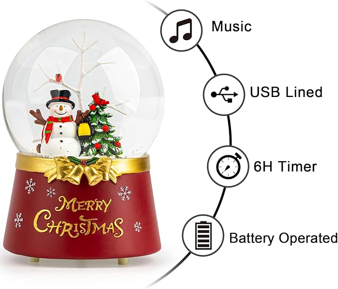 Christmas Snow Globe Lantern Water Glittering Snowman Crown with Music & Timer, USB Lined/Battery Operated Lighted Water Lantern for Christmas Festival Decoration Gifts
