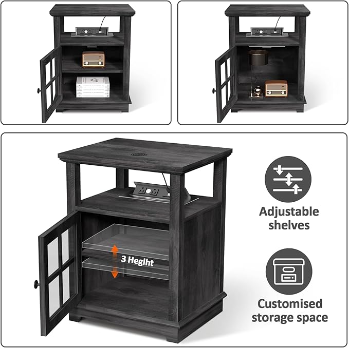 HIFYOBRO End Table with Charging Station, Adjustable Shelf & Storage, Modern Farmhouse Nightstand for Bedroom, Living Room, Office