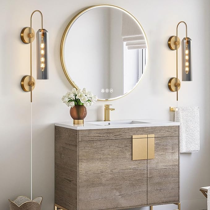 BOKT Mid Century Modern Brass Gold Plug in Wall Light Lamp 1 Light Indoor Smoke Gray Glass Wall Sconce Lighting Single Vintage Wall Mounted Bedroom Lights Plug in Sconces Wall Lighting (Smoke Gray)