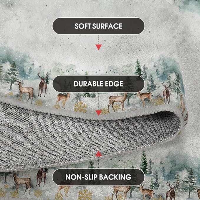Artoid Mode Deer Snowflakes Pine Tree Christmas Door Mat, Xmas Winter Home Decor Low-Profile Non-Slip Washable Area Rug for Kitchen Entryway Bedroom Bathroom Laundry Room Indoor 2x3 Feet