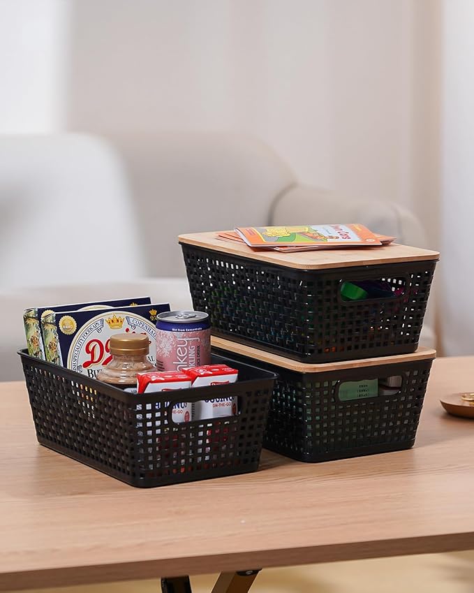 Storage Bins with Lids 10 Packs, Plastic Storage Bins with Bamboo Lids for Pantry Organization and Storage Containers for Shelves Drawers Desktop Closet Playroom Classroom Office Home, Black