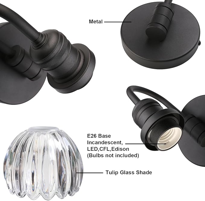 Yosoan Boho Brass Vintage Bathroom Wall Sconce with Flower Shade, 1-Light Indoor Vanity Industrial Modern Hardwired Wall Mounted with Transparent Tulip Shade for Living Room Bedroom Kitchen(Black)