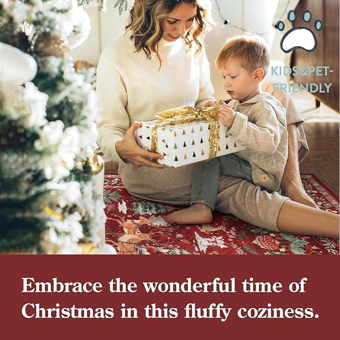 Lahome Christmas Area Rug, 5x7 Red Living Room Rugs, Christmas Tree Santa Claus Non Slip Soft Dining Room Rug, Washable Winter Indoor Carpet for Bedroom Entry Holiday Decor