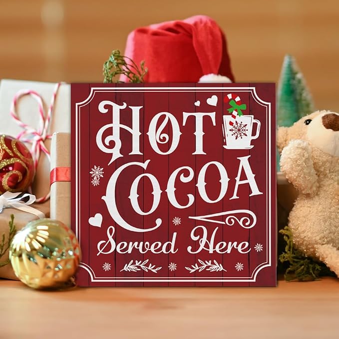 Vintage Christmas Decor, Hot Cocoa Wooden Sign, Coffee Bar Wooden Block Sign, Christmas Kitchen Decorations for Table Shelf 5 x 5 Inch
