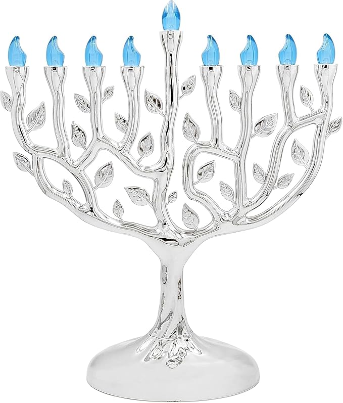 The Dreidel Company LED Electric Silver Hanukkah Tree of Life Menorah - Battery or USB Powered - Includes a Micro USB 4' Charging Cable (3-Pack)